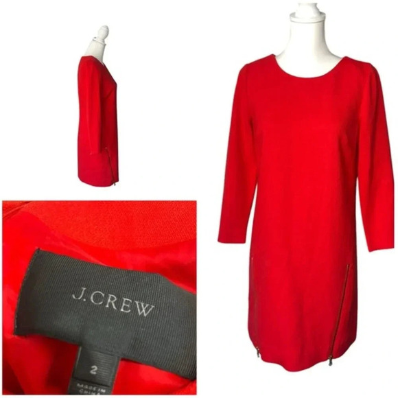 J. Crew Dresses & Skirts - J CREW Double Zip Shift Dress Red Gold Zipper 3/4 Sleeve Sheath Sz 2